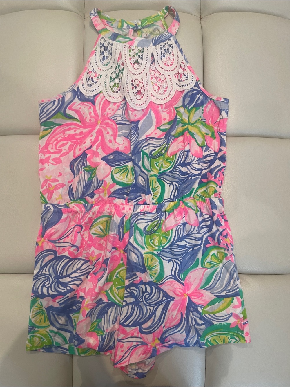Lilly Pulitzer Pink Blue Green Floral Halter Romper 100% cotton Size xl 12-14